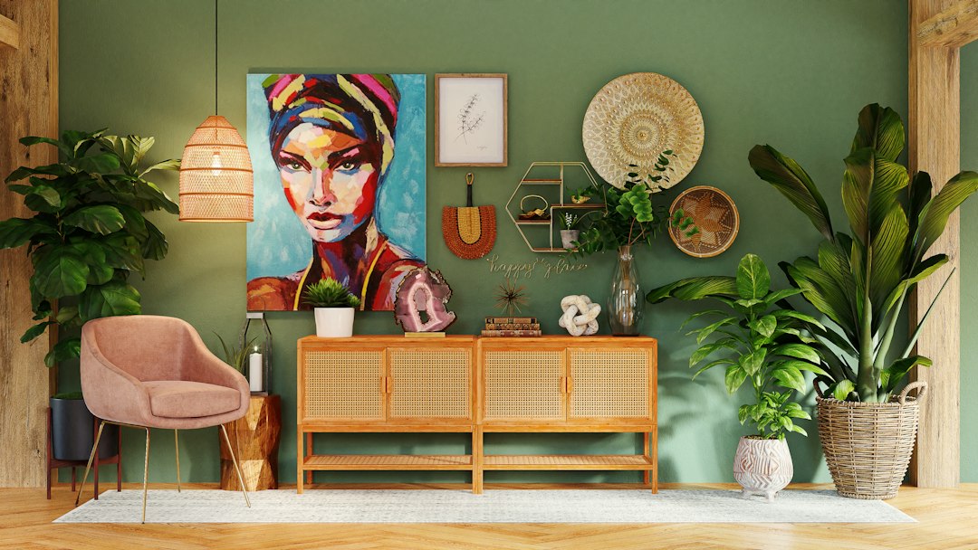 Een moderne woonkamer met op maat gemaakt fotobehang.